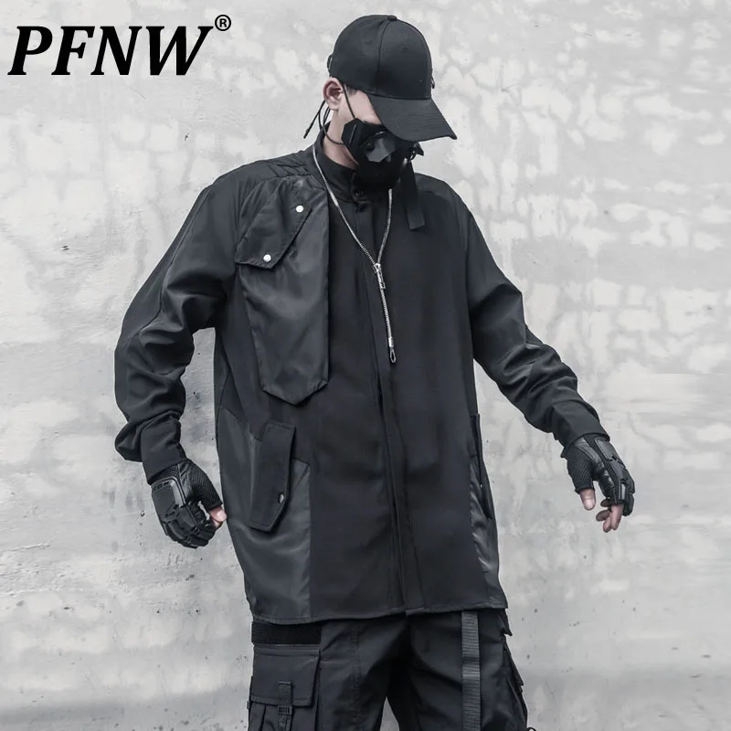 

PFNW Structural Design Splicing Shirt Niche Functional Workwear Shirts Long Sleeved Pollovers Casual Men's Black Tops 12C1100