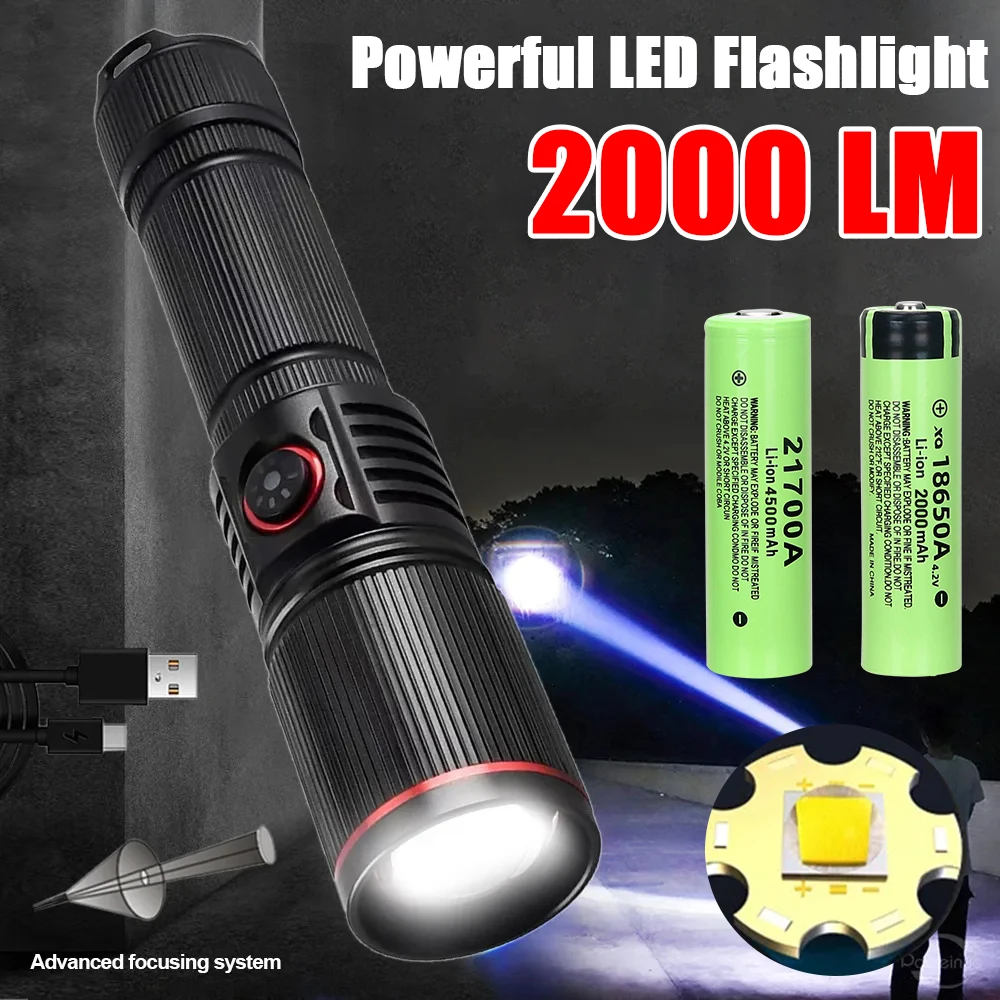 2000LM Powerful LED Flashlight USB Rechargeable Tactical Zoom Torch with 18650 or 21700 Battery Portable Camping Fishing Lantern