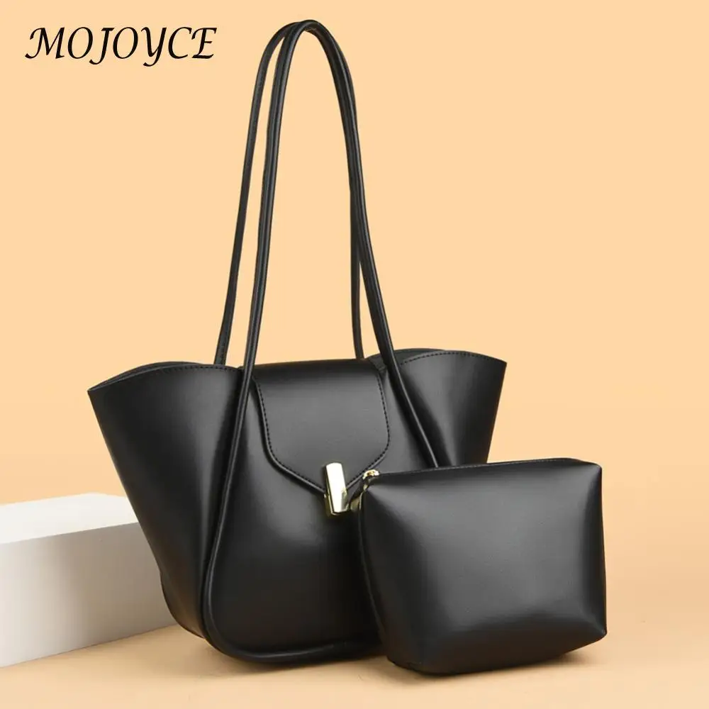 Shoulder Bag for Women Solid Color Large Tote Handbag PU Leather Trendy Underarm Bag with Pouch Hobo Bag for Work Travel