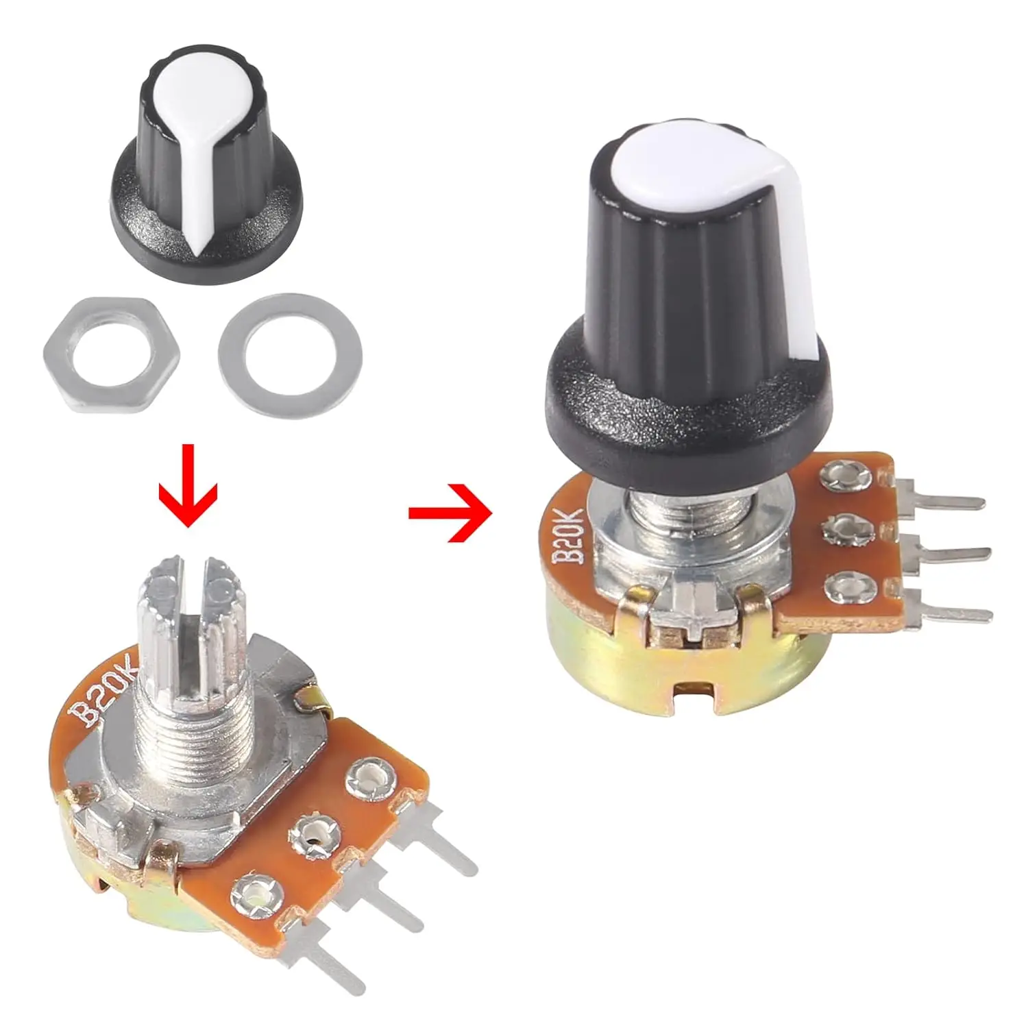 25 комплектов B20K Ом с накаткой, линейный поворотный конический потенциометр WH148 B20K, одношарнирные переменные резисторы, вал 15 мм, 3 контакта, 20K