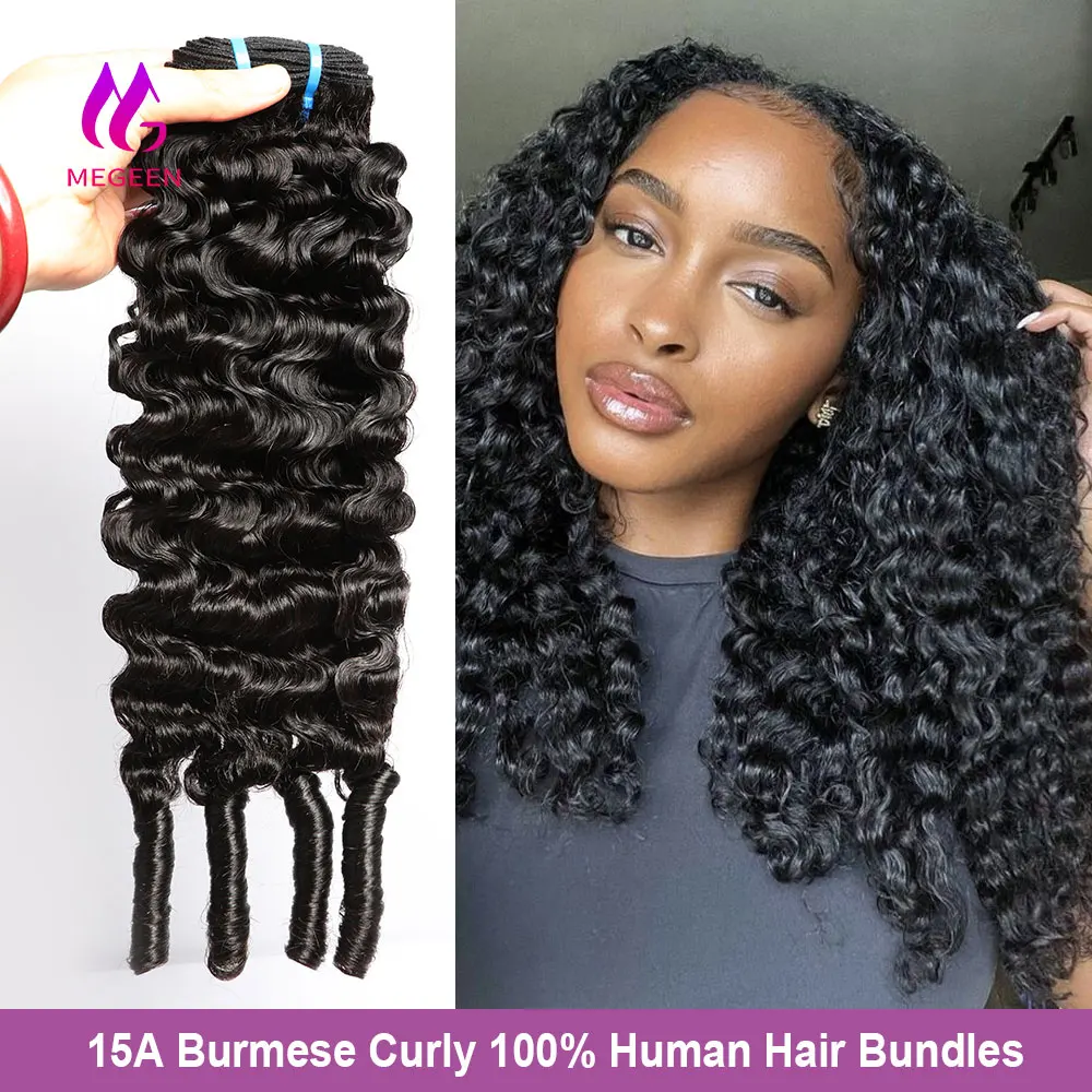 Megeen Burmese Curly Virgin Hair Bundles with Spriral Ends 15A Unprocessed Human Hair 1/3/4Pcs Deep Wave Weave Hair Extensions