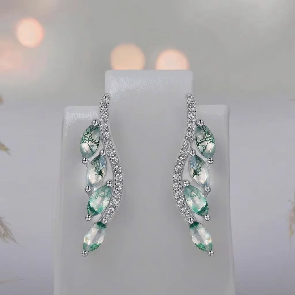 

Elegant Leaf Stud Earrings Sterling Silver Marquise Cut Moss Agate Earrings for Ladies Wedding Gift