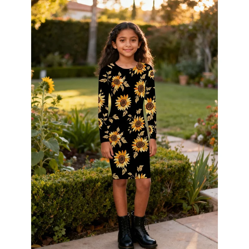 

Girls Sunflower Print Long Sleeve Slim Dress Casual Fashion Children's Clothing 2026 Trendy Outfit