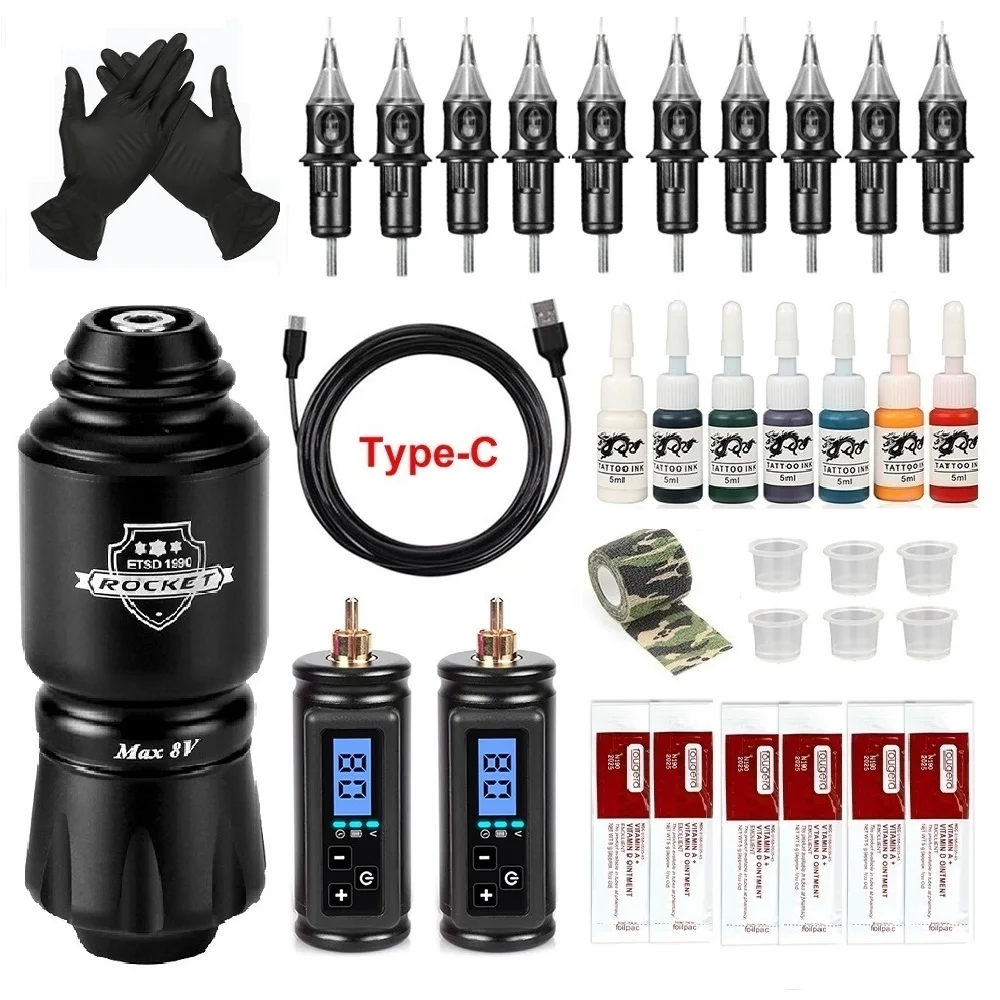 

Professional Rocket Tattoo Machine Set Japan Motor Wireless Tattoo Power Supply Professional RCA Interface Rotary Tattoo Pen Kit