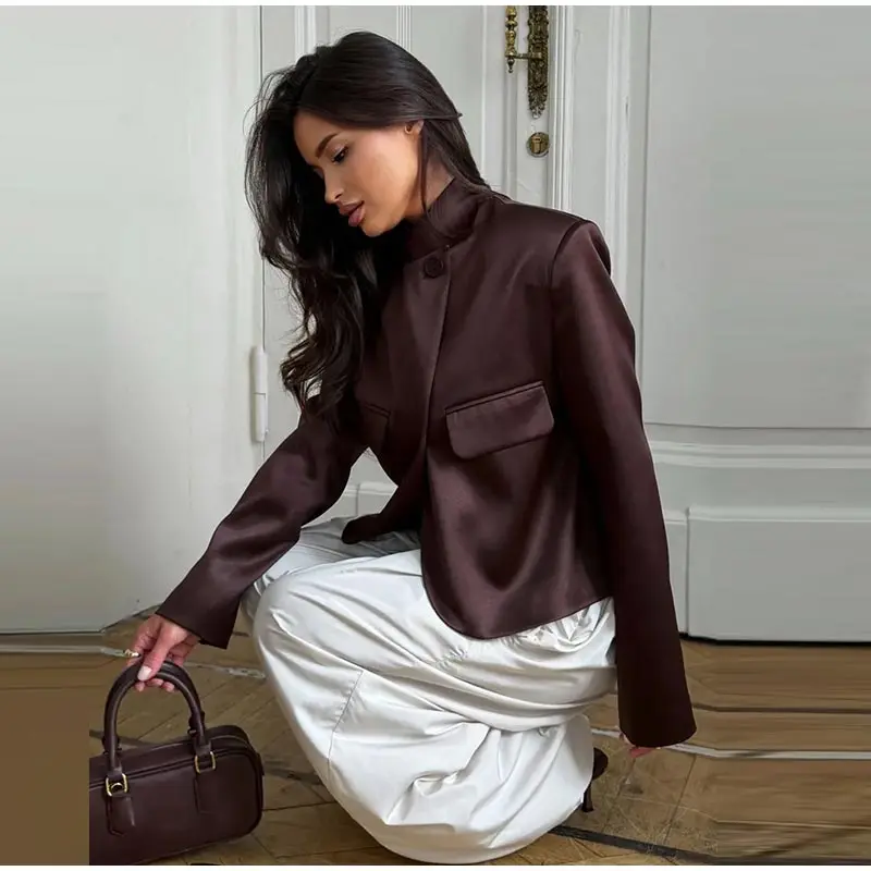 Damenmäntel Satin Stehkragen Seitliche Knopfleiste Kurze Anzugjacke Herbst Damen Langarm Knopfleiste Einfarbige Lockere Jacke Neue Oberbekleidung – Detail 2