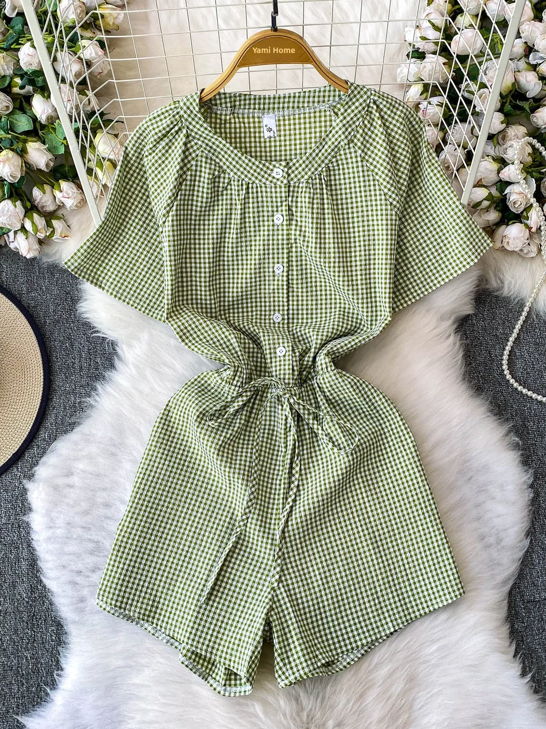 Vestido Ajustado a Cuadros con Cuello Redondo y Cordón, Diseño de Verano para Mujer, Plones Anchos de Cintura Alta, Corto...
