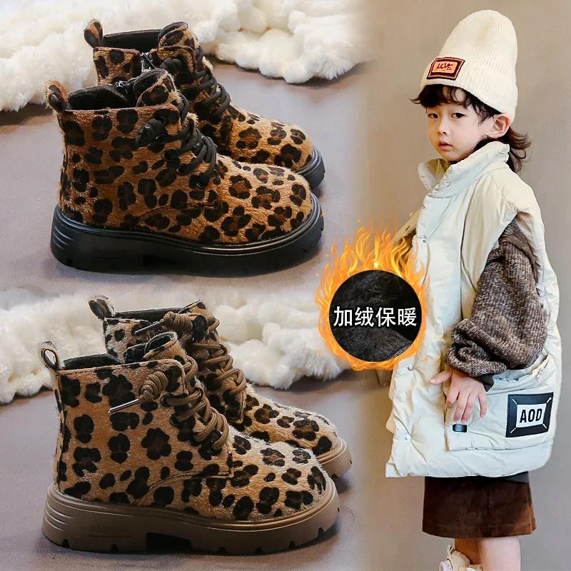 

2026 Autumn Winter Kids Leopard Print Ankle Boots, British Style Fleece-Lined Warm Versatile Fashion Short Boots for Children