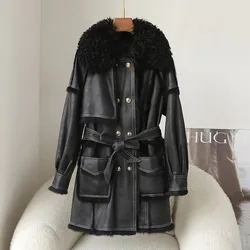 Fashion Women's Real Fur Coat With Lamb Wool Collar and Rabbit Fur Lining Warm Mid-length Jacket JT433