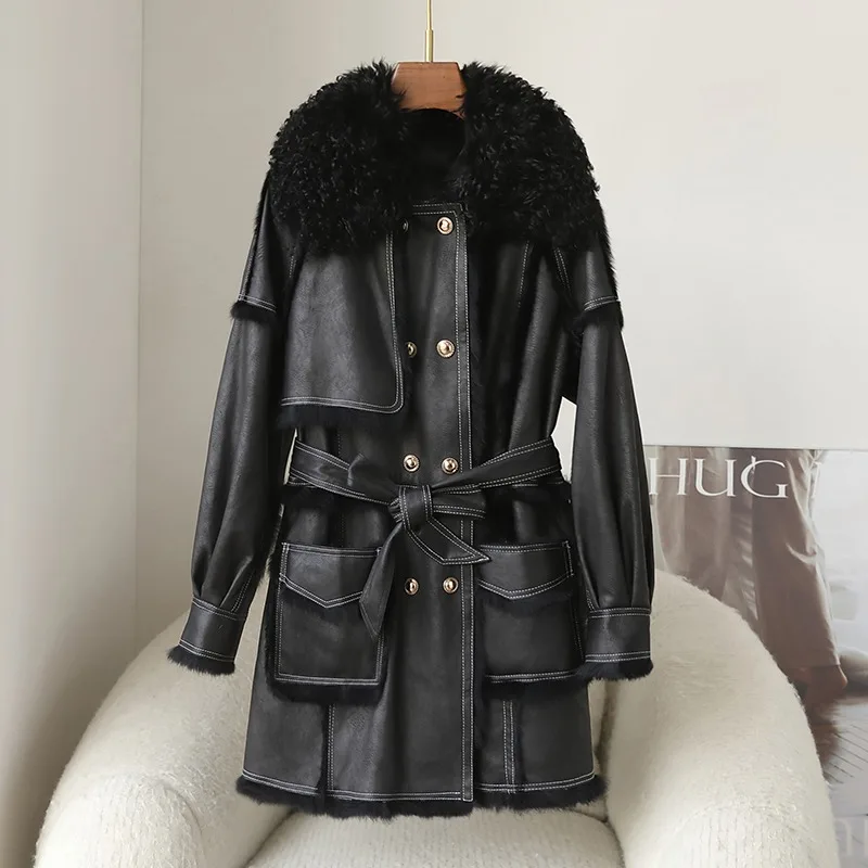 Fashion Women's Real Fur Coat With Lamb Wool Collar and Rabbit Fur Lining Warm Mid-length Jacket JT433