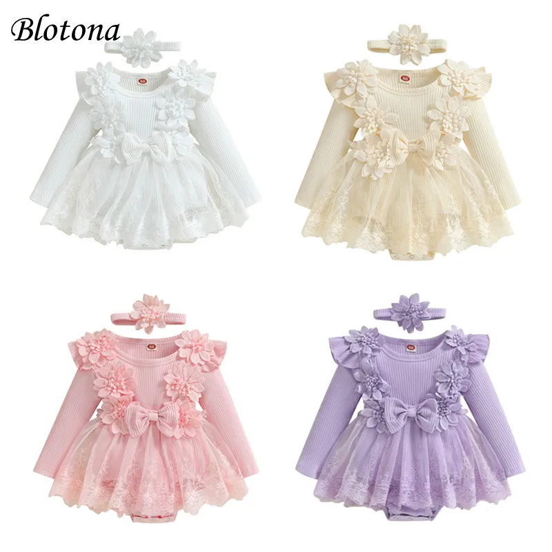 

Blotona Baby Girls Bodysuit 3D Flower Bow Long Sleeve Mesh Dress Romper Headband Adorable Ribbed Outfits