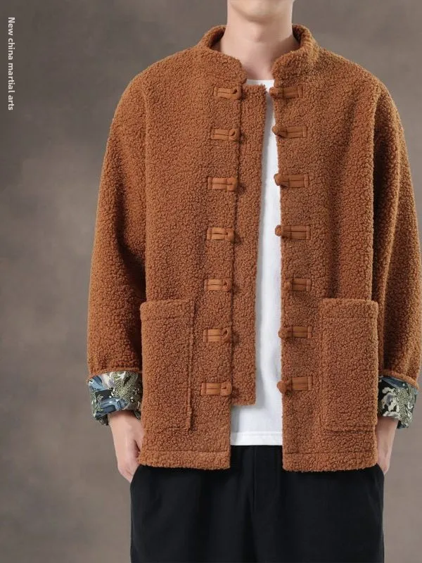 

Мужской костюм в стиле ретро-танг с воротником, на пуговицах, из овечьего вельвета, осенне-зимний, теплый, цветной, в стиле Чжунган