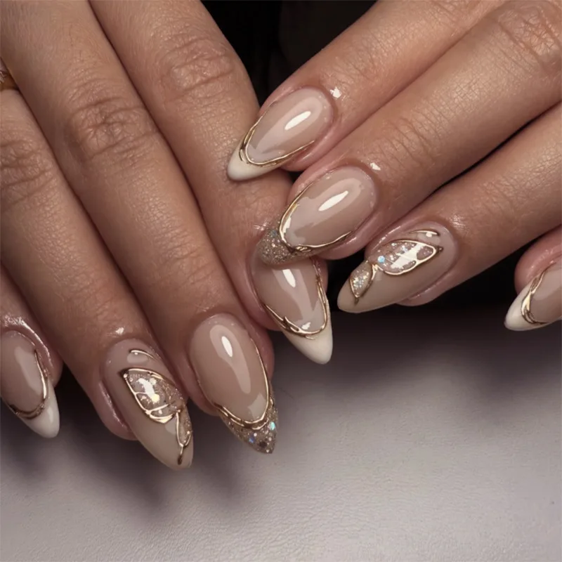 24 uñas postizas con flores doradas 3D, diseño ojo de gato, longitud media, forma almendra, adhesivas 4