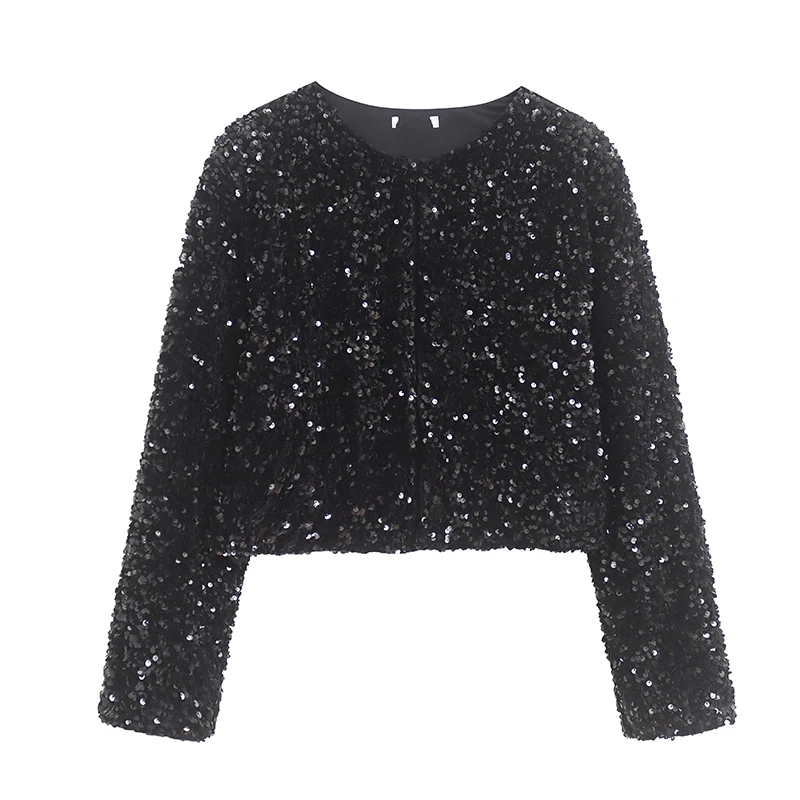 

Spring Fashion Sequin Ladies High Waist Loose Fit Cardigan Outerwear with Buckle Short Coat Women's Long Sleeve Shiny Top