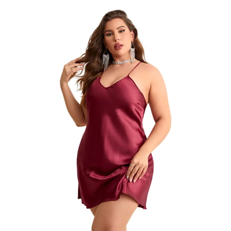 Big Size Silk Sleepwear Women Sexy Pajamas Sleeveless Summer Nightgown Luxury Brand Mini Dress Loungewear V-neck Thin Black Red
