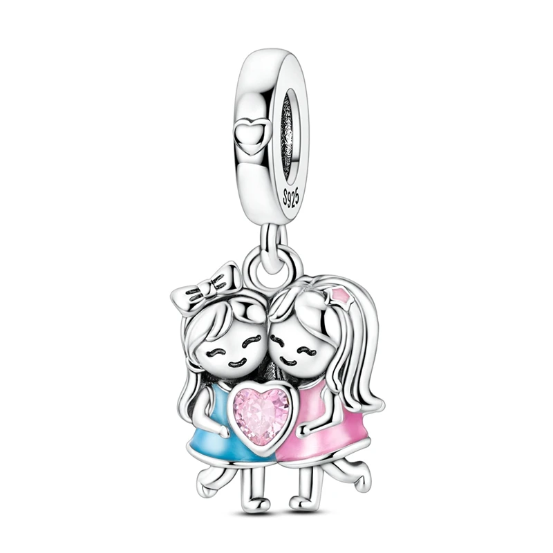 Sister Love Friend Girls Pink Heart 925 Sterling Silver Charms Fit Bracelet Necklace Making Pendant For Woman Jewelry