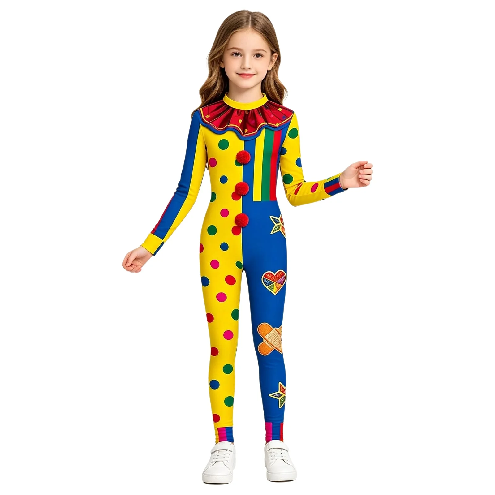 Kids Boys Girls Circus Ringmaster Clown Costume Long Sleeve Printed Red Pompoms Skinny Bodysuit for Halloween Carnival Cosplay