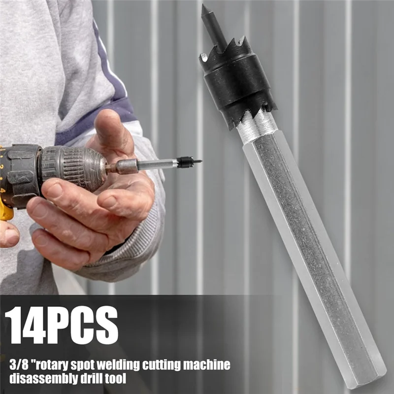 

A84X-Spot Welding Compatible 14-Pack For Spot Weld Cutter Sets, Double-Sided 3/8" HSS Drill Bits, Hex Shank Sheet Metal Hole Cut