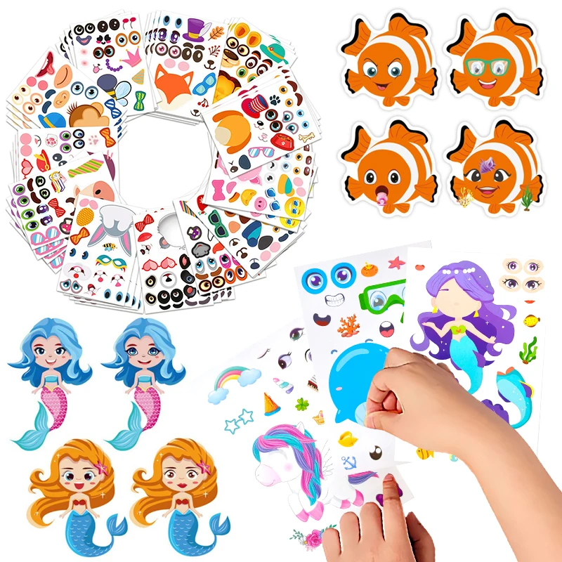 Make-a-Face DIY Stickers Self-adhesive Animal Face Puzzle Waterproof Handicrafts Pet Stickers Recognition Training Cute Gift ZYF