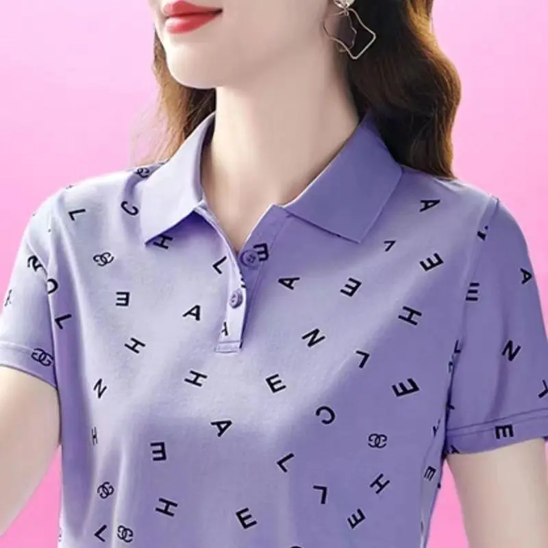 New Summer Women's Polo Neck Short Sleeve Loose Plus Size Classic Pullovers Printed Letter Fashion Casual All-match Tops