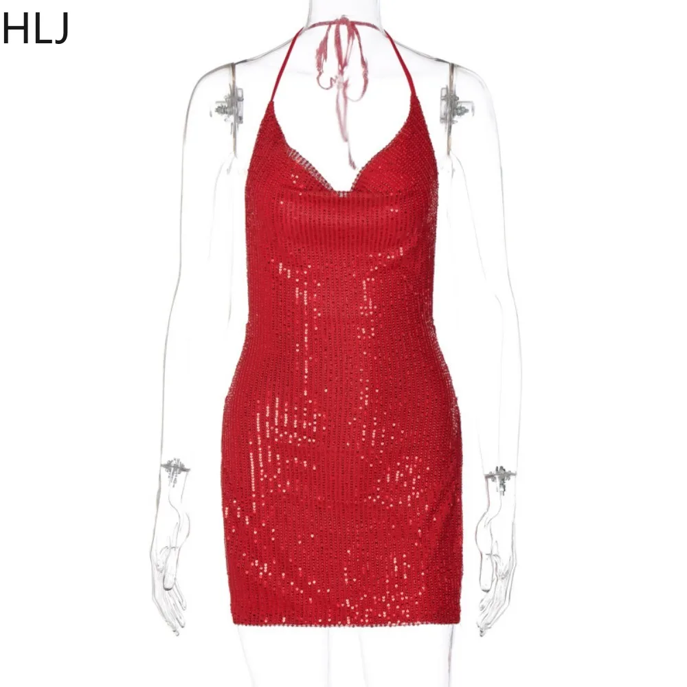 HLJ Sexy paillettes aderente Halter Lace Up Party Club Mini abiti donna senza maniche Backless Slim fessura abiti moda Streetwear