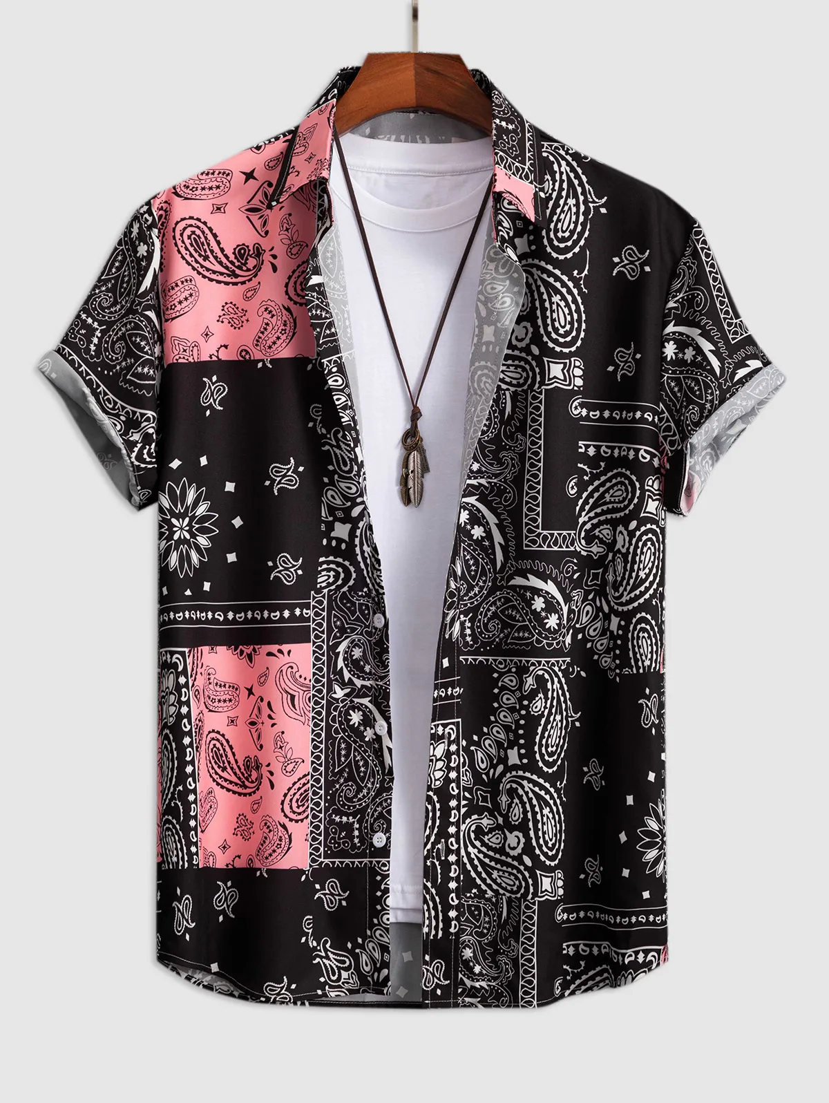 

ZAFUL Men's Ethnic Style Paisley Floral Print Pattern Block Retro Casual Short Sleeves Shirt