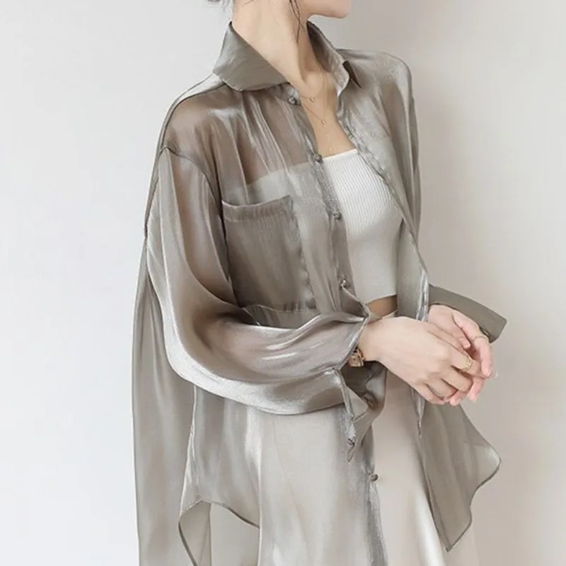 Grey Ice Silk Sunscreen Shirt Women\'s Commuting Summer Thin Shirts Loose Jacket Organza Cardigan Polo Collar Outfitting Cover Up