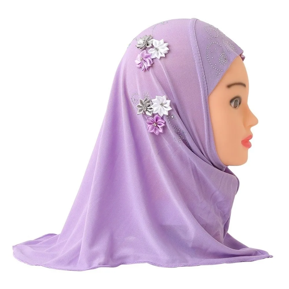 

Head Wrap Flower Design Kids Hijab Jersey Material Stretchable Girls Hijab Breathable Pull On Style Islamic Headscarf Kids Girls