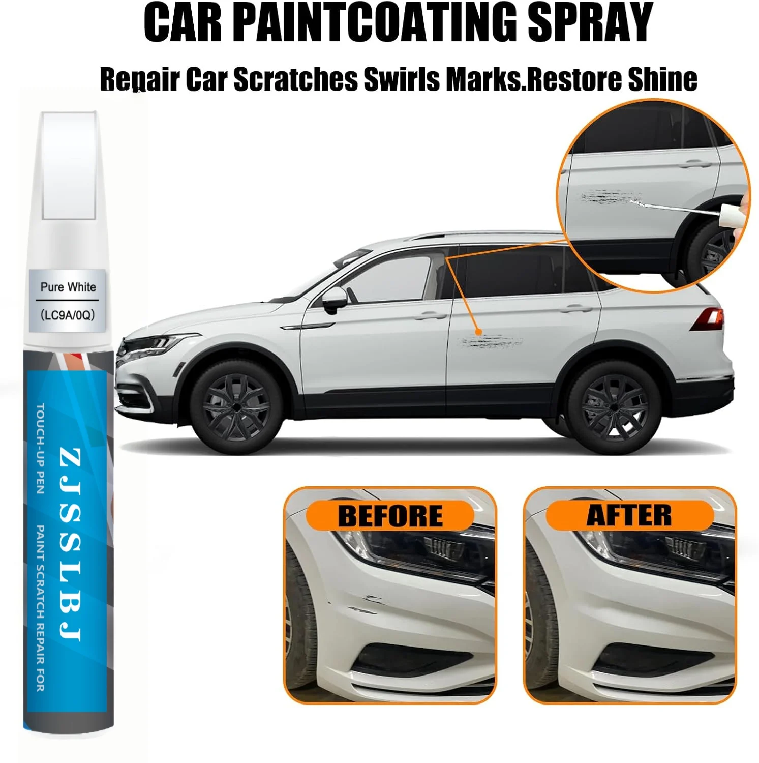 Car Touch Up Paint(Pure White(LC9A/0Q)) for Volkswagen, Car Paint Scratch Repair Kit, Quick & Easy Solution to Repair, 2 in 1 Sc