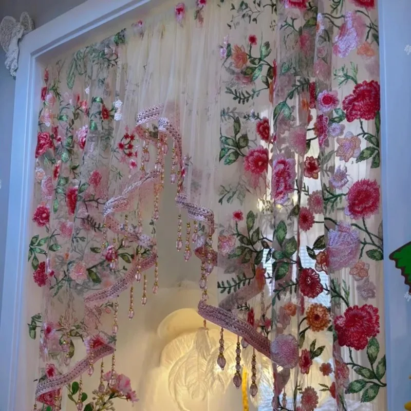 Luxus Volant Rosa Blumen Quaste Rand Gebrochene Trennwand Tür Vorhang Gaze Vorhang Spitze Schlafzimmer Küche Vorhänge Anpassen – Detail 2