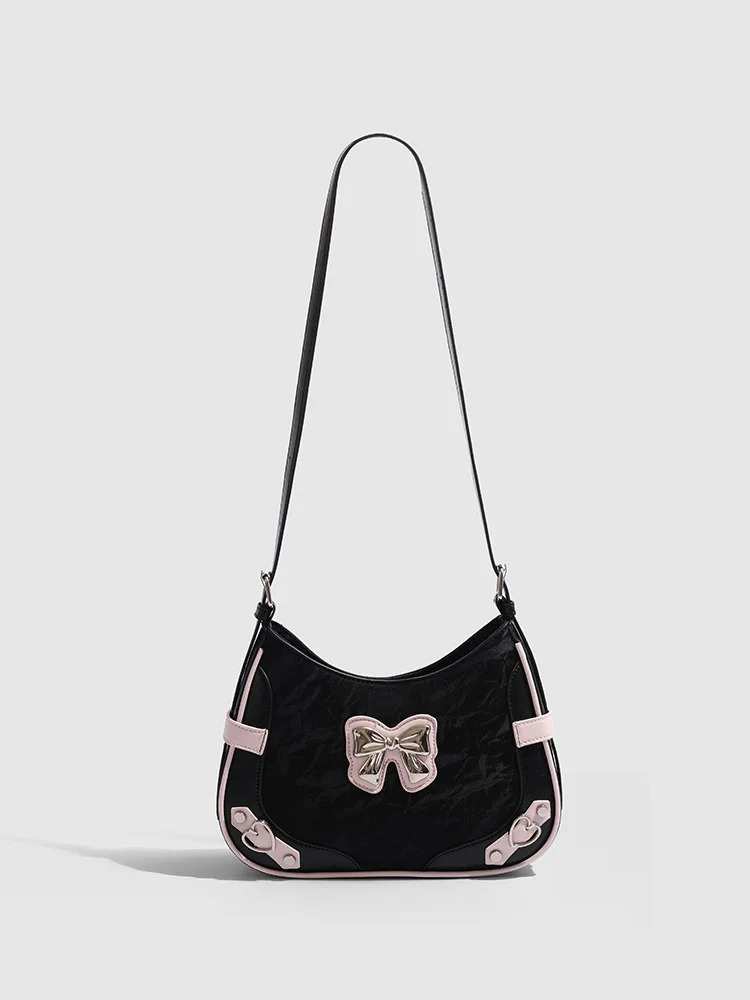 Y2K Aesthetic Bag Black Pink Contrast Shoulder Bag Niche Sweet And Cool Style Bow Accent Sling Pack for Daily Wear