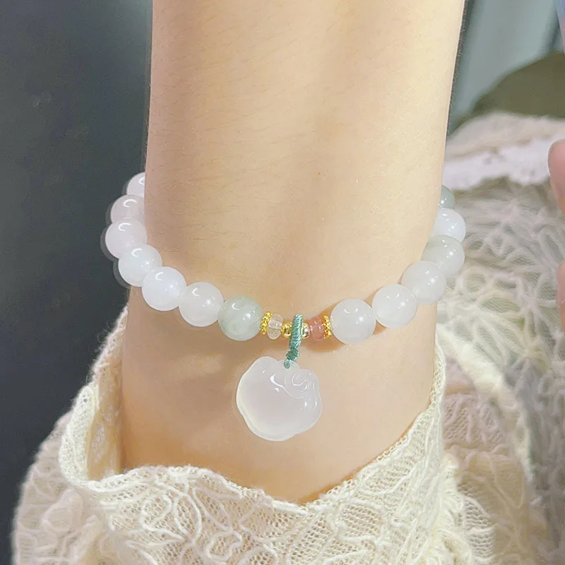 Ruifan Lucky Natural Tianshan Cui Jade Strand Women Bracelets Vintage Chalcedony Pixiu Lock Coin Pendant Fine Jewelry YBR967