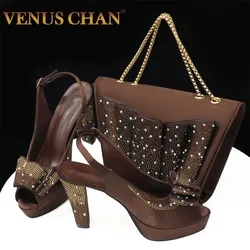 Venus Chan Women High Heels Sandals Printing Flower Material with Rhinestone Italian Design Coffee Color Open-Toed Shoes