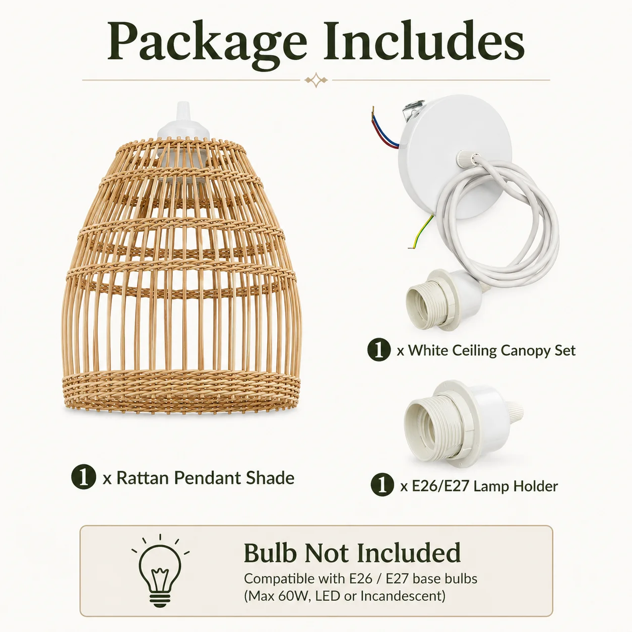 JOYINLED Beige Bamboo Woven Pendant Light E27 Natural Hanging Lamp Boho Ceiling Lighting for Kitchen Dining Room Home Decor