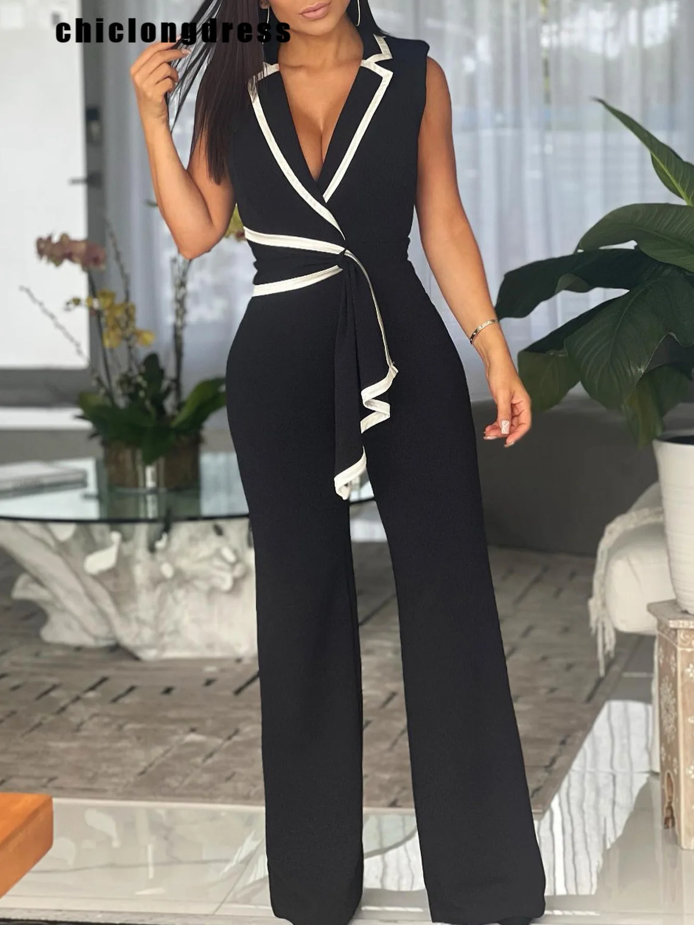 

Summer Fashion Wide Leg Jumpsuit Women Office Ladies V-neck Sleeveless Button High Waist Jumpsuit Women