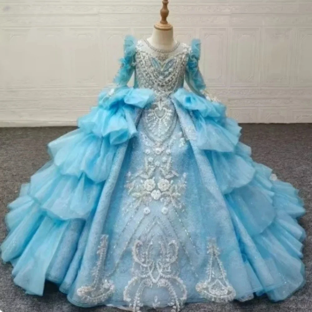 Maßgeschneidertes luxuriöses Pailletten-Tüll-Blumenmädchenkleid mit Rüschen für Hochzeiten, formelle Anlässe, Festzugskleider, elegantes Kinderkleid für Geburtstagsfeiern.