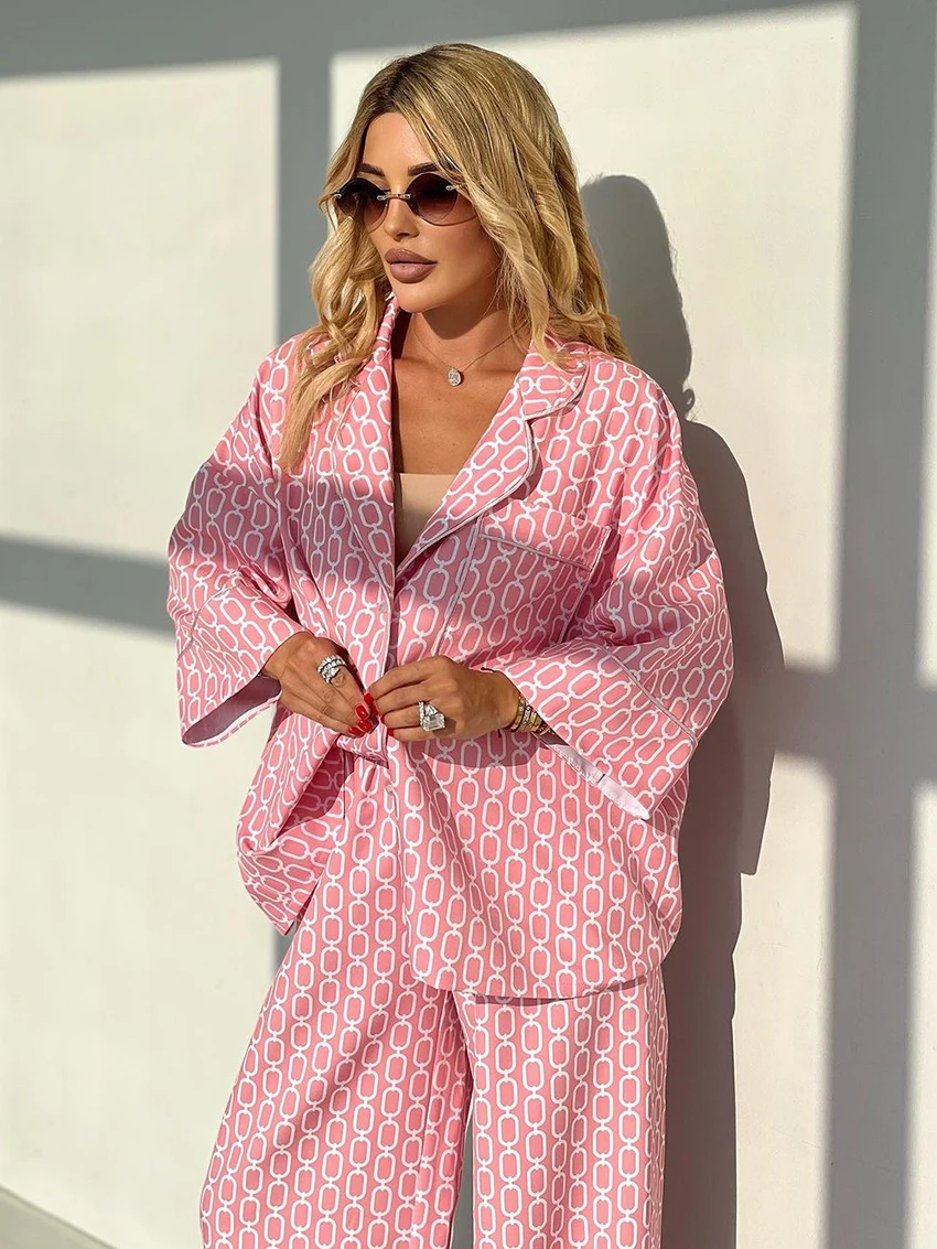 Marthaqiqi Fashion Printing Female Nightwear Suit Sexy Turn-Down Collar Nightgowns Long Sleeve Pajamas Pants Women Sleepwear Set