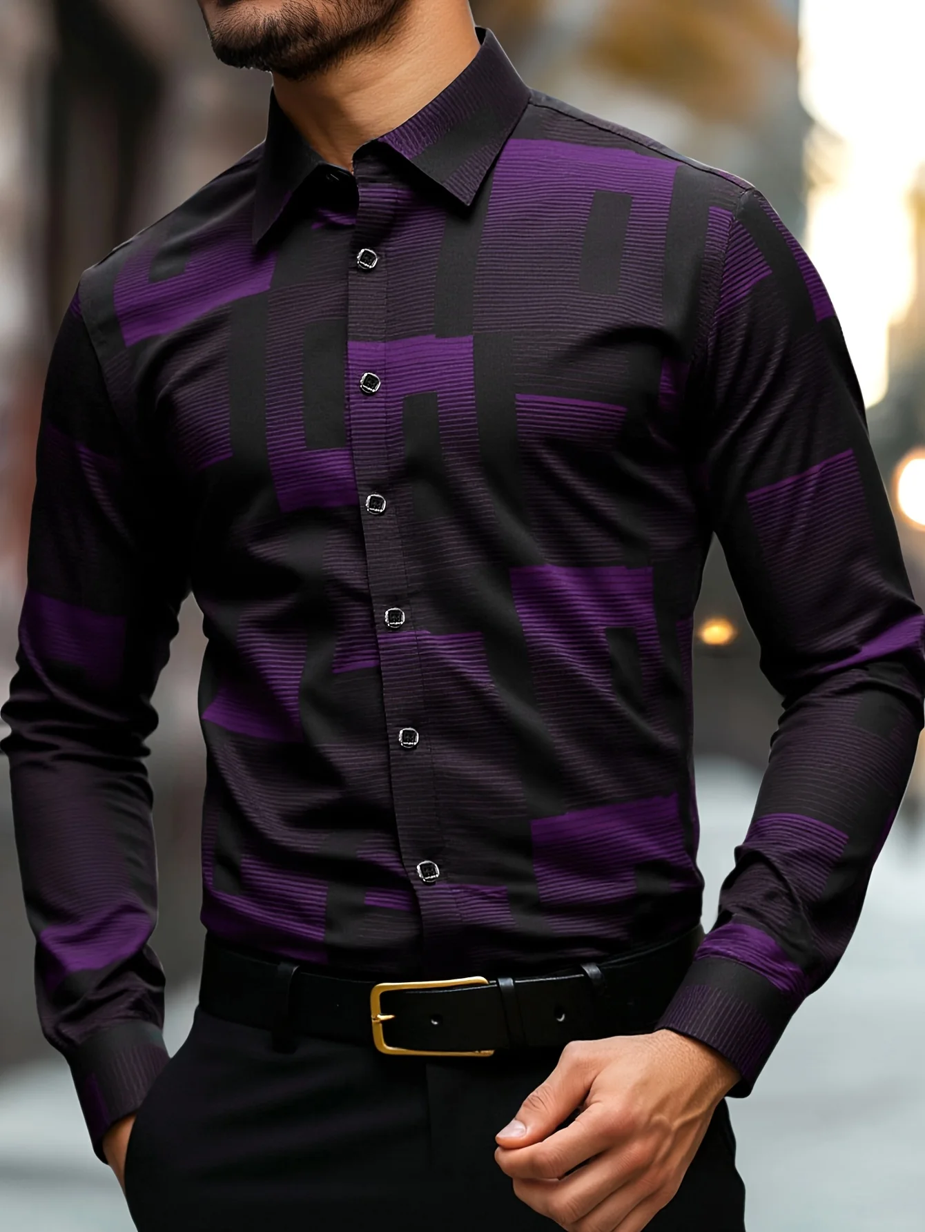 Men's Slim Fit Geometric Print Shirt Machine Washable, Classic Collar & Button-Up Front, All-Season Versatile Office Casual Wear