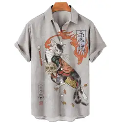 Japanese Art Samurai Cat Pattern Print Short Sleeve Shirt Men's Casual Comfortable Top Lapel Button-Down