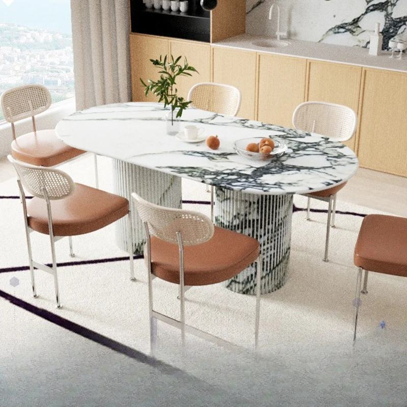 الحد الأدنى طاولة طعام من الرخام الطبيعي فيلا بسيطة البيضاوي موجة العمود طاولة طعام أثاث المنزل #1