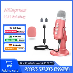 USB Condenser Microphone Pink Studio Recording Mic for PC Mac Computer Phone Gaming Streaming Podcasting Vocals Laptop Desktop