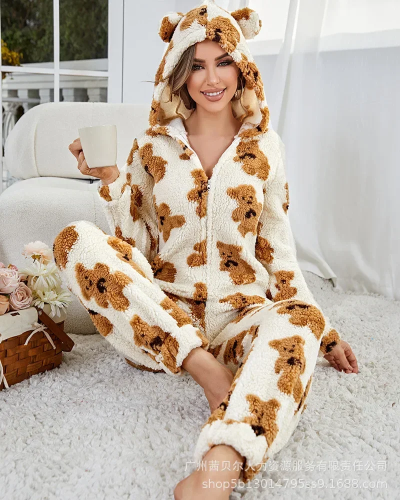 Uzun kollu kapüşonlu pantolon tulum ev tekstili pijama tulumlar kadınlar sonbahar kış peluş Loungewear pijama tulum kıyafetler