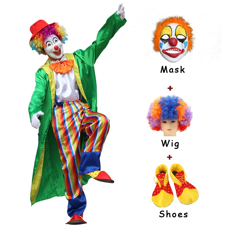 

Carnival Circus Clown Clothes Men Women Costumes Wig Children Cosplay Joker Clothing Jumpsuit with Shoes Mask Prop