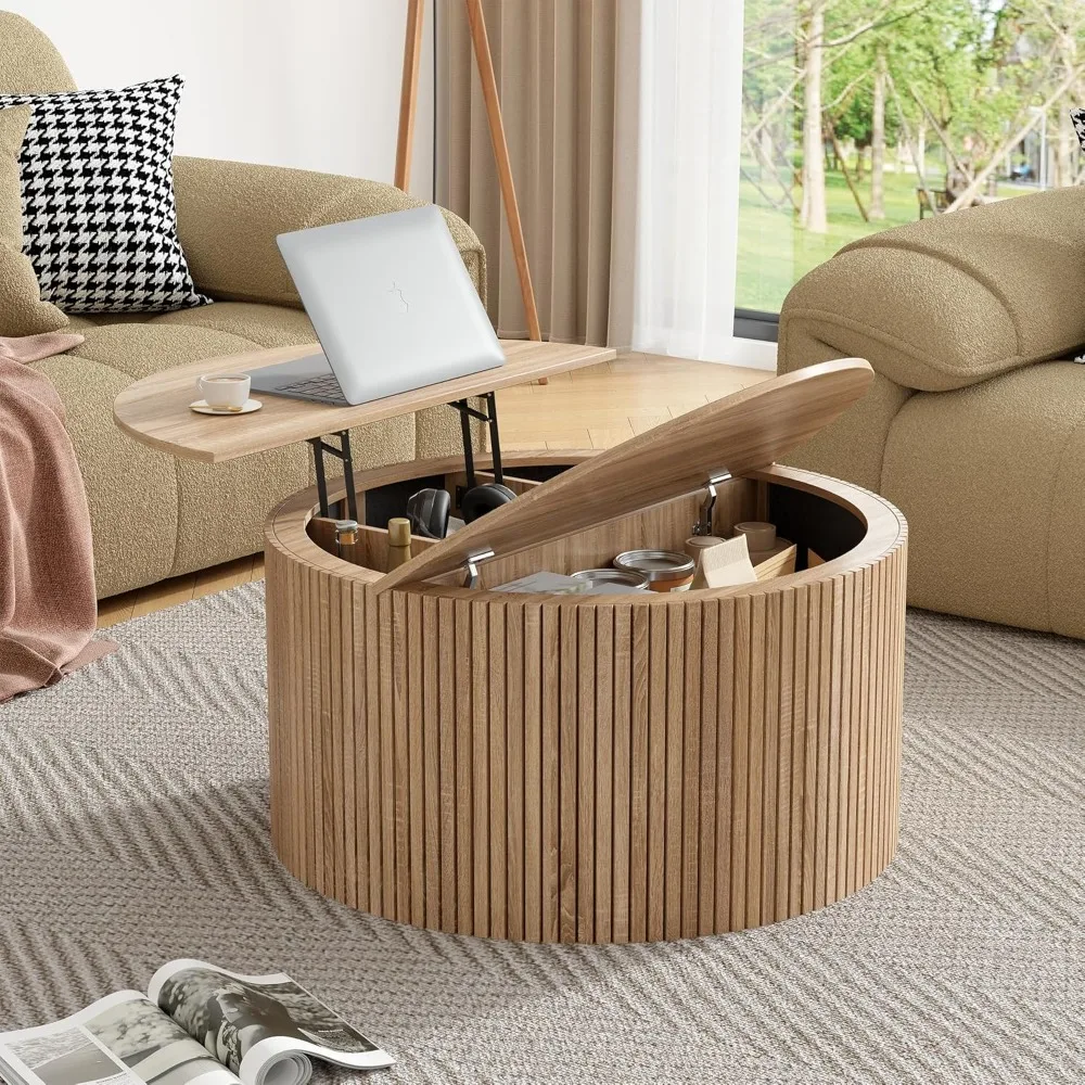 

Round Fluted Lift Top Coffee Table, Mid Century Modern Center Table with Storage and Compartment, 2 Tier Small Circle Dining Tab