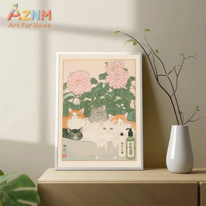 Japanese Tabby Cat in Bathtub Poster Prints Canvas Painting Retro Aesthetic Wall Art Picture Japandi Bathroom Toilet Home Decor