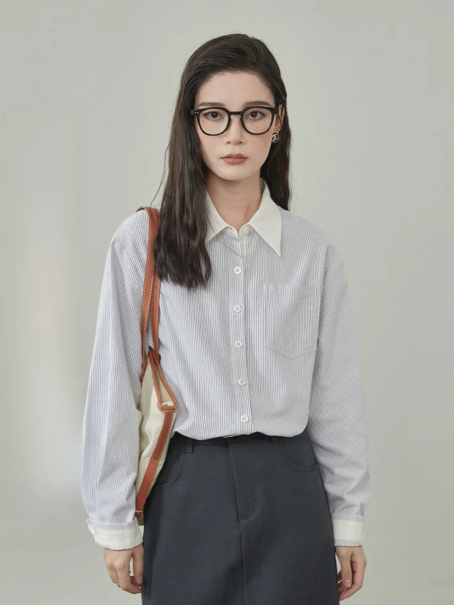 

Женская модная универсальная весенняя блузка с воротником и полосками в корейском стиле, с длинным рукавом, свободного кроя, из смесового хлопка