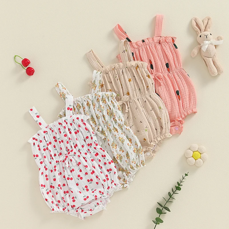 Summer Infant Baby Clothing Girls Romper Muslin Cotton Linen Print Sleeveless Infant Playsuit Jumpsuit Fashion Newborn Clothes