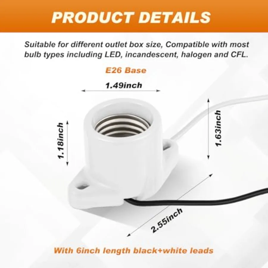 4 Pcs E26 Light Socket Porcelain Lamp Holder Socket Medium Keyless Threaded Base with Two Hole Flange Mounting and 6