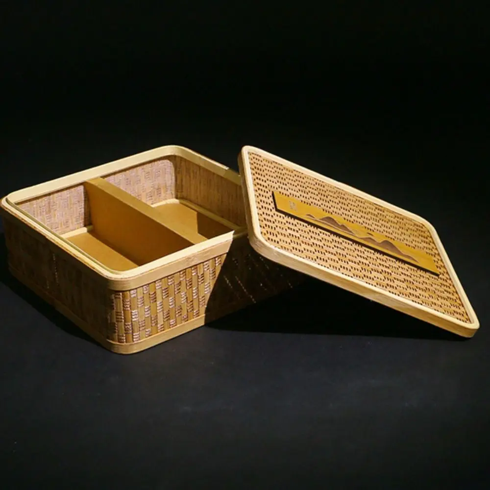 Bamboo Woven Pattern Brick Tea Box Vintage Eco Friendly Storage Bin With Lid Reusable Empty Storage Box Pu'er Tea