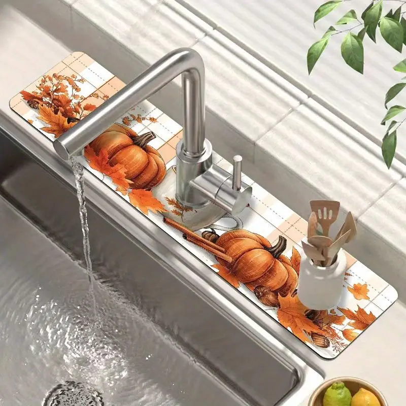 VIKAMA Pumpkin Maple Leaf Faucet Mat Plaid Print Kitchen Sink Splash Guard Non Slip Absorbent For Countertop Autumn Home Decor