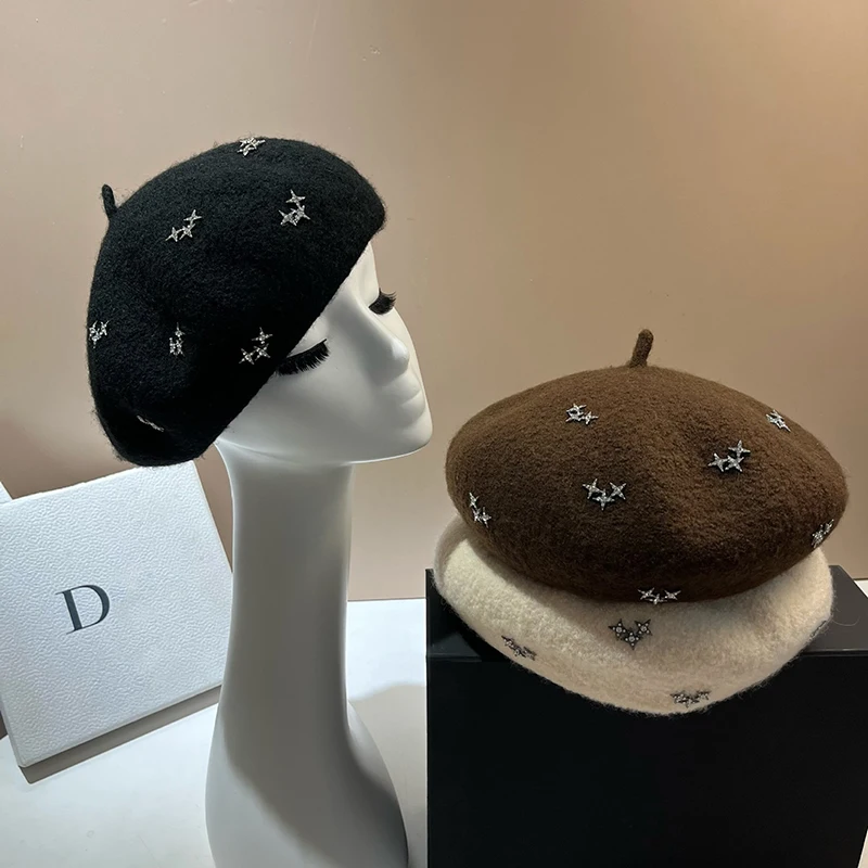 الفاخرة حجر الراين نجوم المرأة الصوف القبعات الشتاء الدافئة قبعة صغيرة موضة الفتاة الفرنسية الرسام القبعات قبعات القبعات الإناث خمر #1